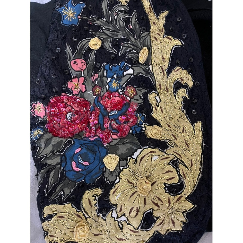 Vintage Jou Jou Black Cropped Jacket Floral Sequin Embroidered Bolero Medium - Picture 10 of 10